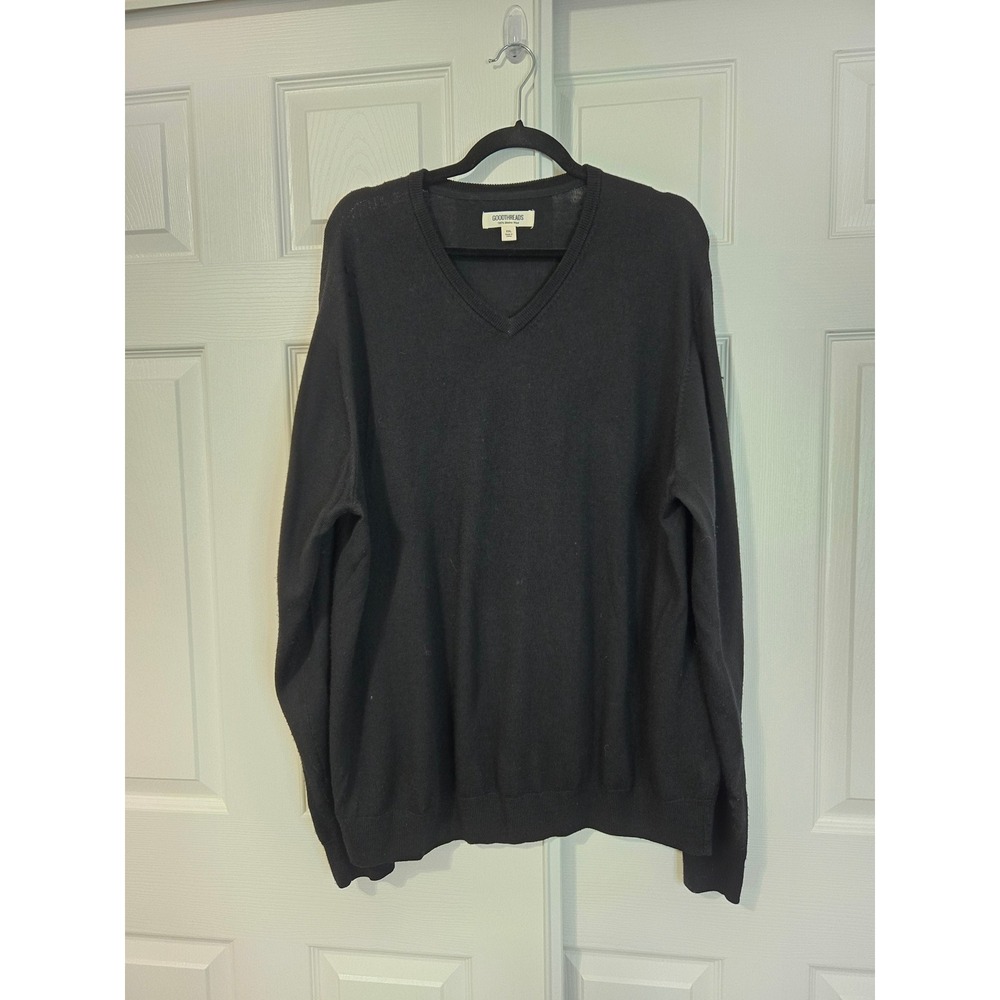Goodthreads Mens XXL Black 100% Merino Wool V-Neck Long Sleeve Knit Sweater